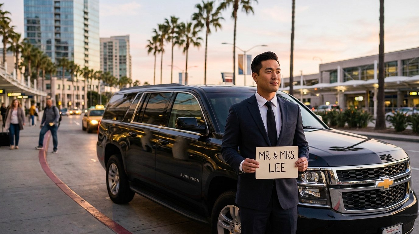 A Pacific Elite Rides chauffeur waiting curbside with a name sign next to a black Suburban